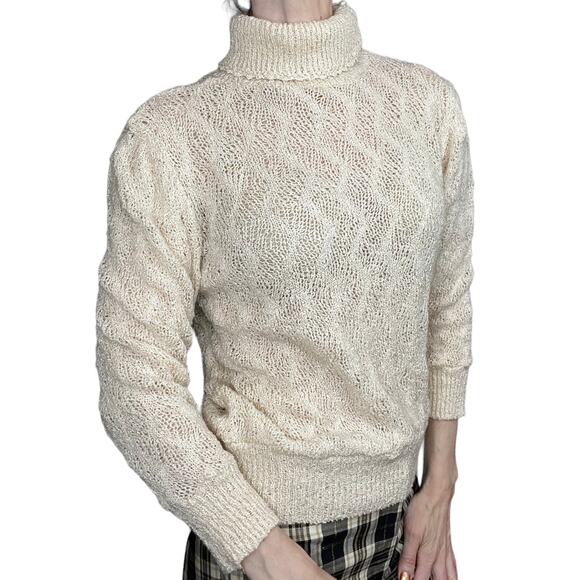 Vintage crochet cream turtleneck sweater small - Picture 1 of 8